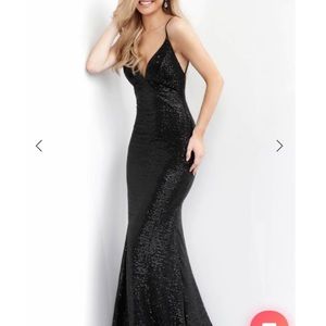 Jovani black sequined plunge neck prom dress open back